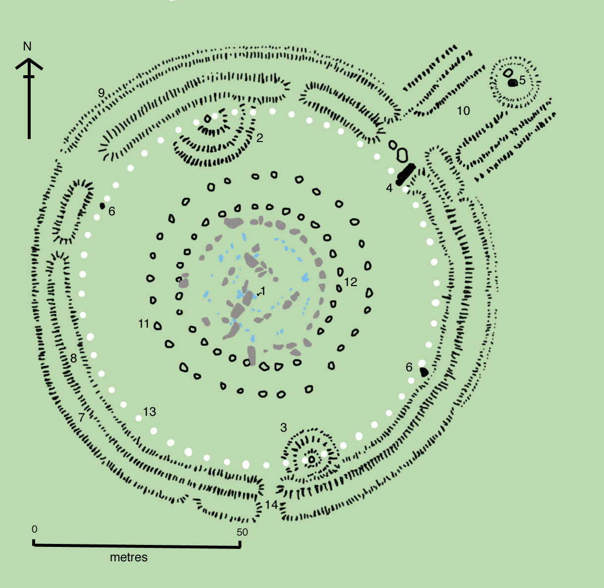 Plano de Stonehenge con el recinto, los agujeros de Aubrey y el círculo de piedras