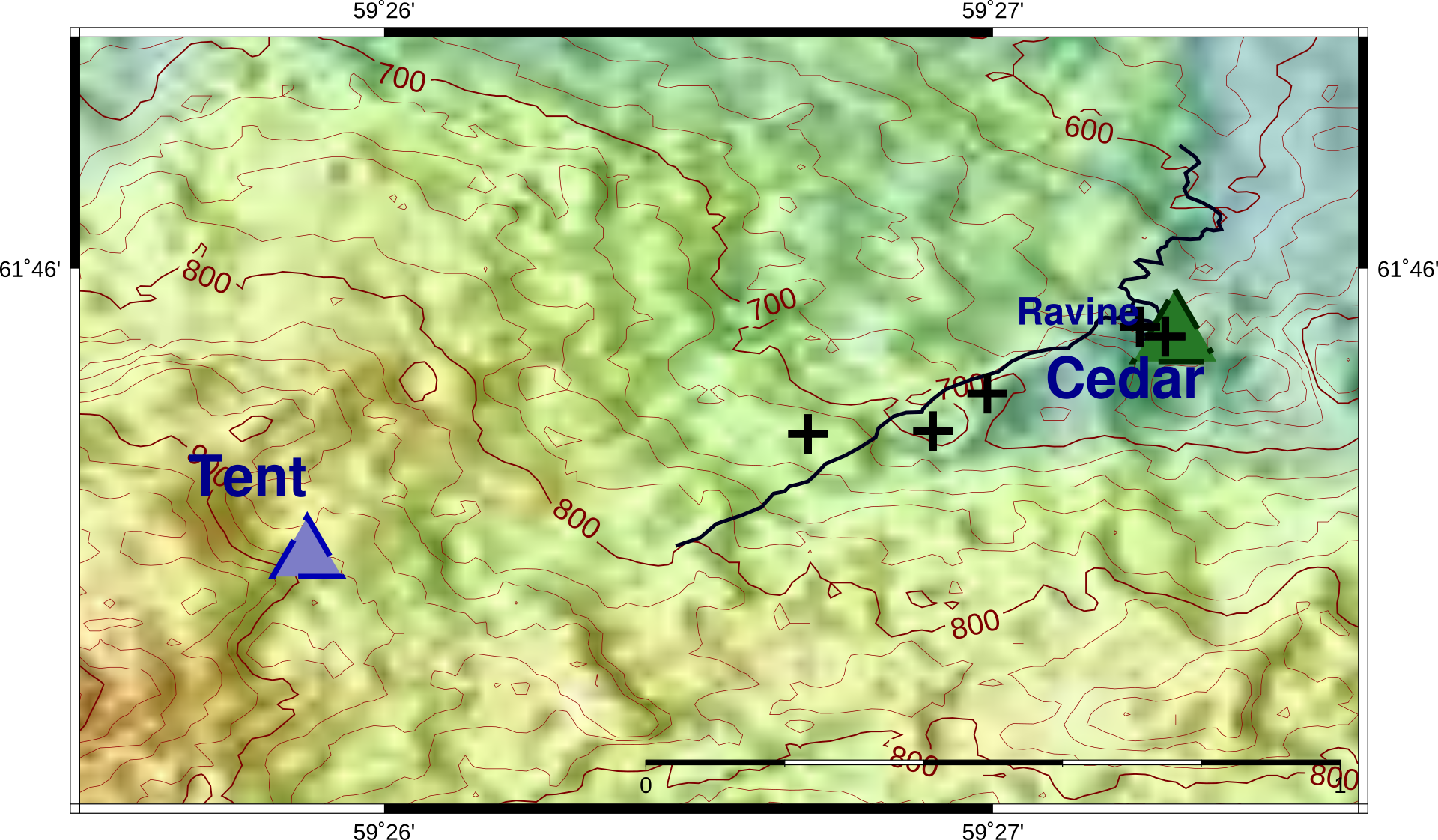 Mapa de la zona del paso Dyatlov y la ruta del grupo en los Urales del Norte