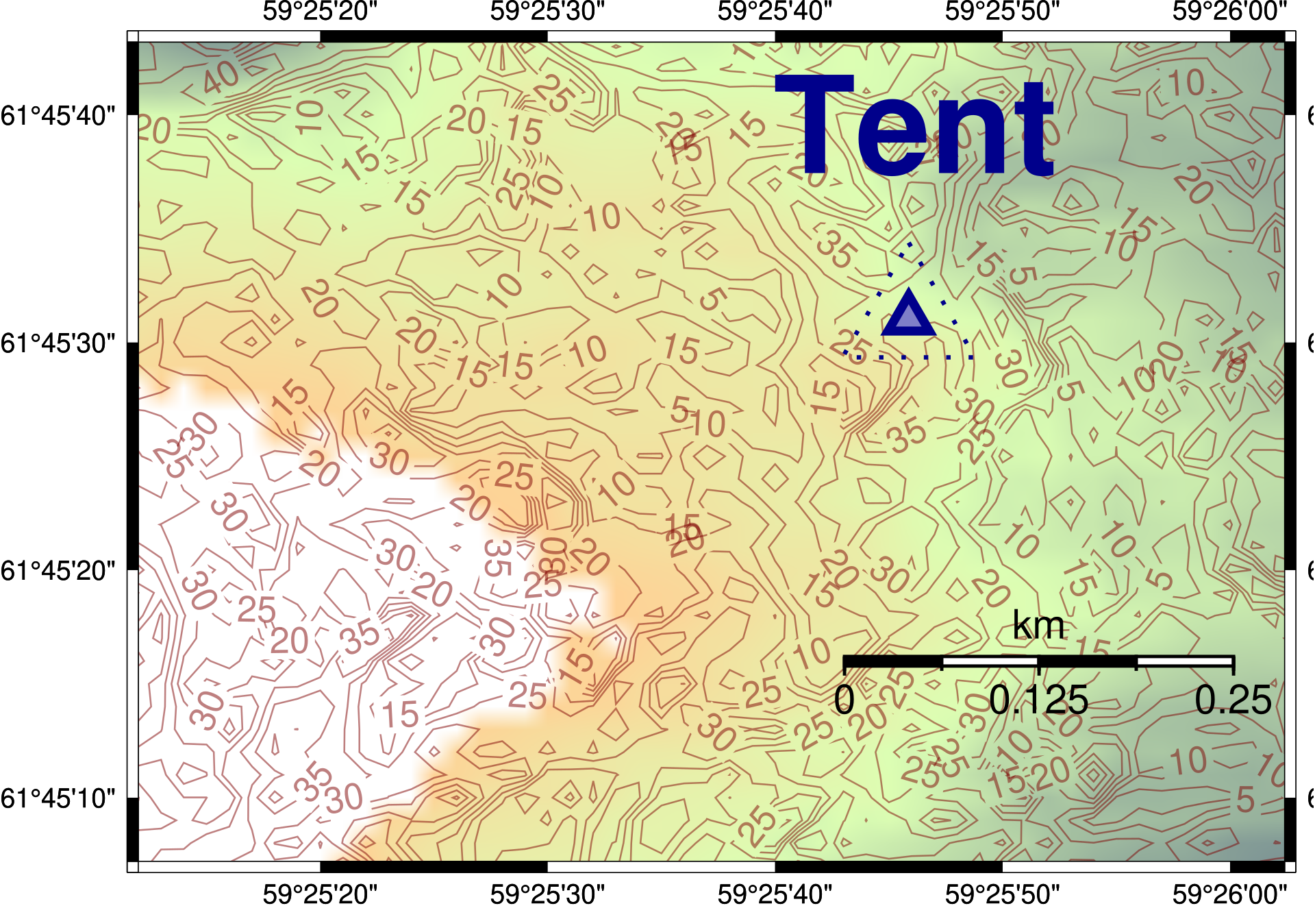 Mapa de la pendiente de la ladera donde se montó la tienda